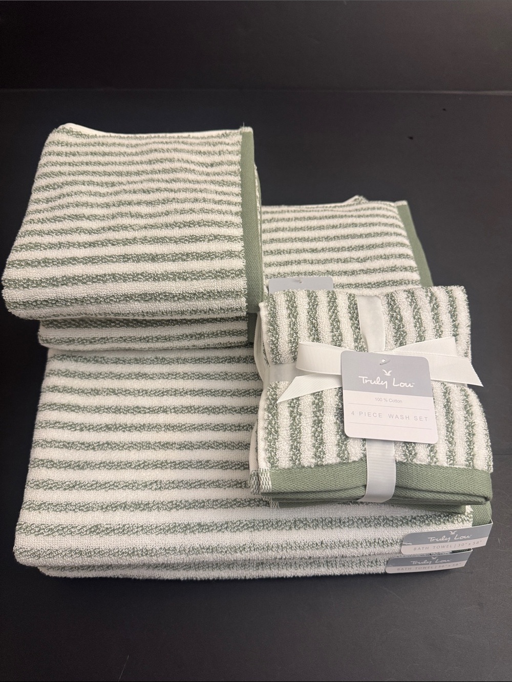 8pc TRULY LOU 100% Cotton Stripe Bath Towel Set -Soft -Absorbent - Wht/Oil Green